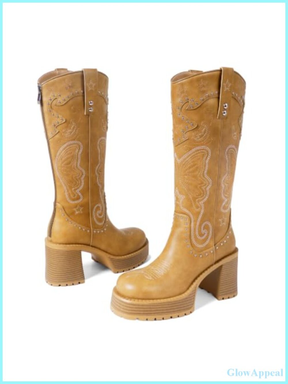 Knee High Western Boots Leather Platform Chunky Heel